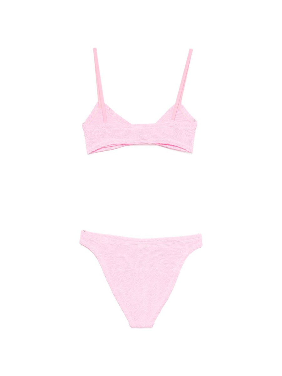 Hunza Alicia Pink Crinkle Bikini Set With Front Bow V Neck Top Adjustable Straps One Size For Women