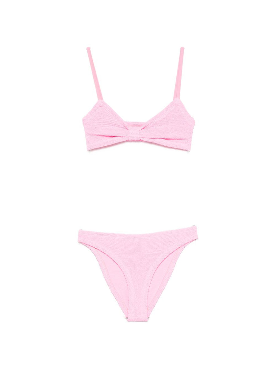 Hunza Alicia Pink Crinkle Bikini Set With Front Bow V Neck Top Adjustable Straps One Size For Women