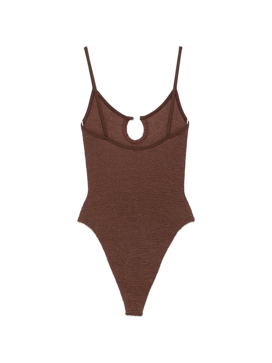 Hunza Mia Beaded Swimsuit For Women One Size Chocolate Brown Crinkle Texture With Metallic Beads Cutout Resort Beachwear
