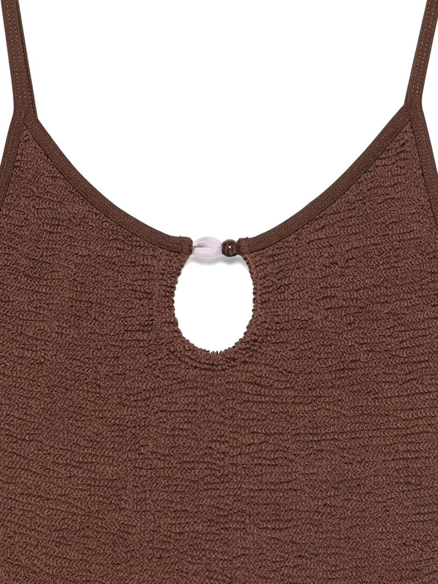 Hunza Mia Beaded Swimsuit For Women One Size Chocolate Brown Crinkle Texture With Metallic Beads Cutout Resort Beachwear