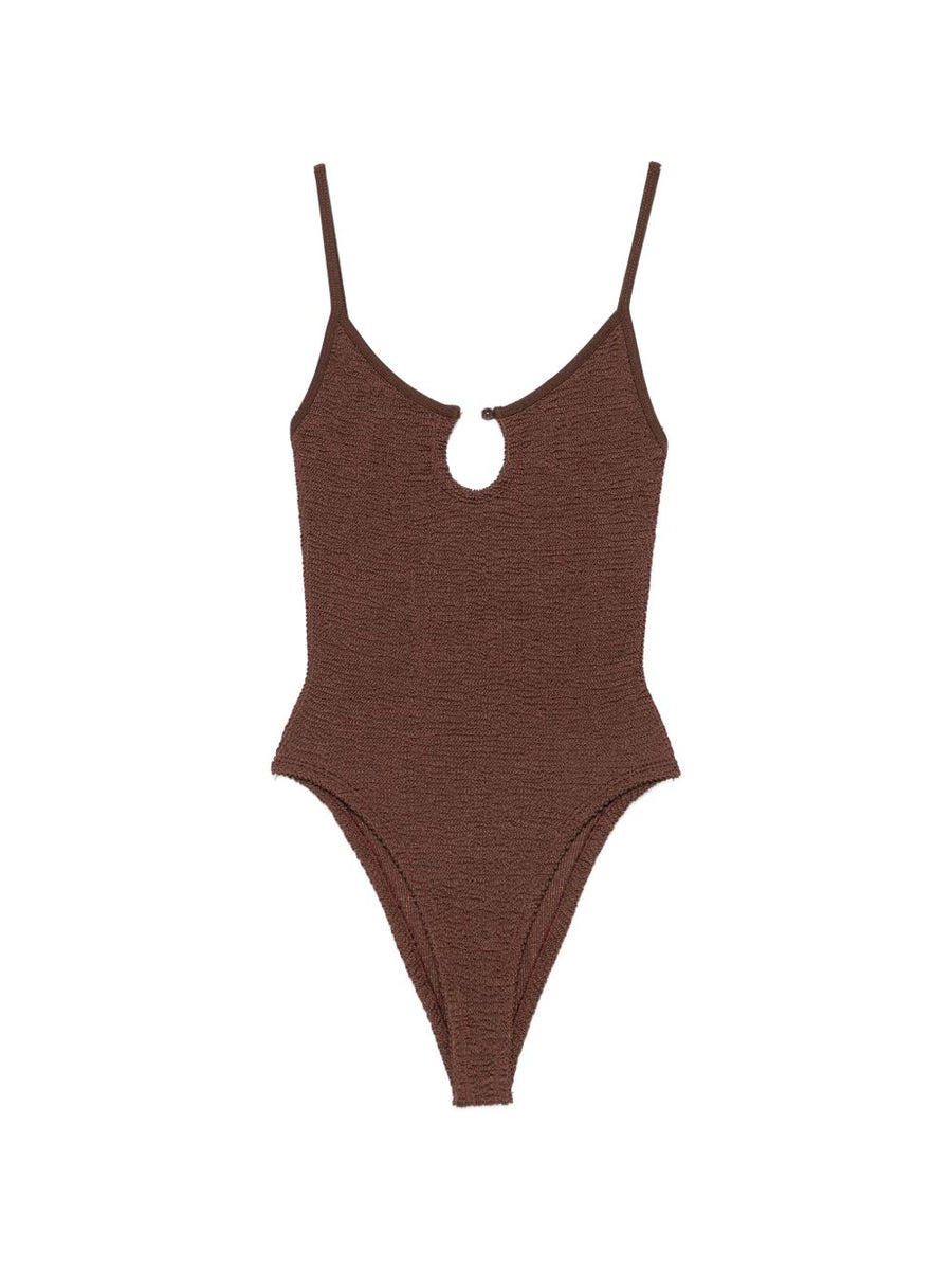 Hunza Mia Beaded Swimsuit For Women One Size Chocolate Brown Crinkle Texture With Metallic Beads Cutout Resort Beachwear