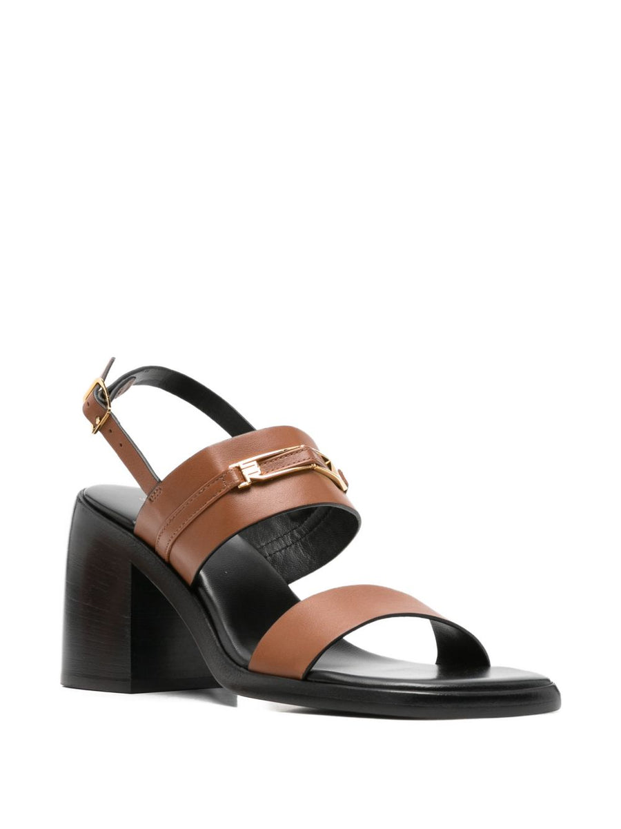 Sergio Rossi Leather Heel Sandals For Women Camel Calf Leather Open Square Toe With Gold Logo Buckle Slingback