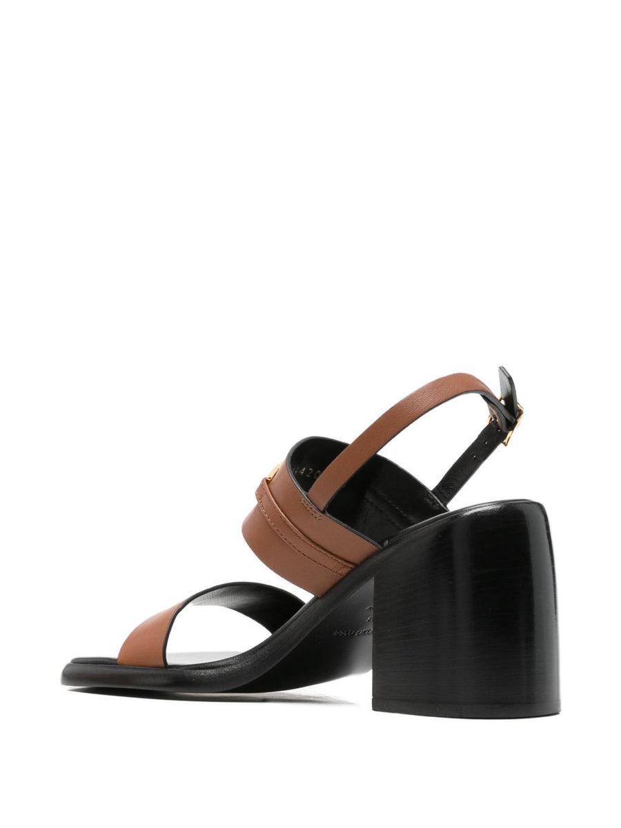Sergio Rossi Leather Heel Sandals For Women Camel Calf Leather Open Square Toe With Gold Logo Buckle Slingback