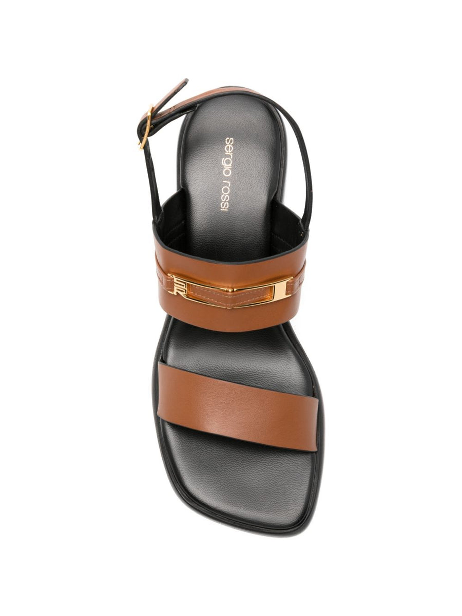 Sergio Rossi Leather Heel Sandals For Women Camel Calf Leather Open Square Toe With Gold Logo Buckle Slingback