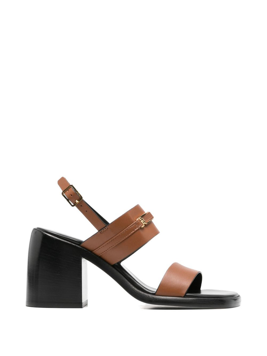 Sergio Rossi Leather Heel Sandals For Women Camel Calf Leather Open Square Toe With Gold Logo Buckle Slingback