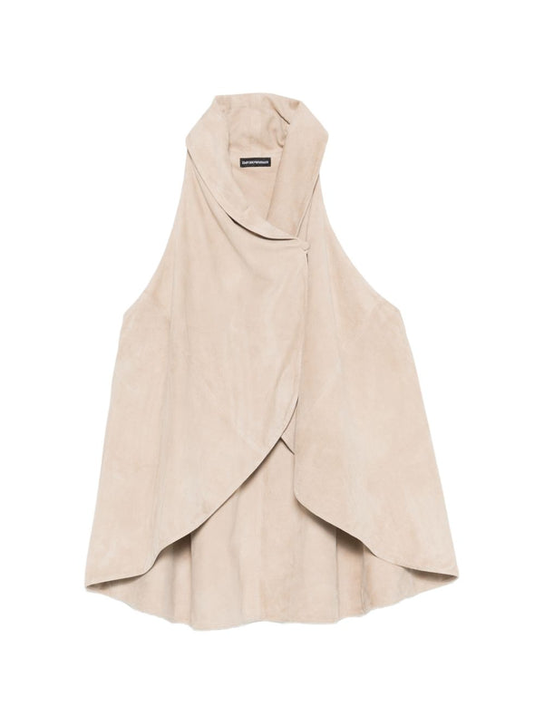 Emporio Armani Goat Leather Suede Sleeveless Top For Women Featuring Draped Silhouette And High Neck Racerback In Beige