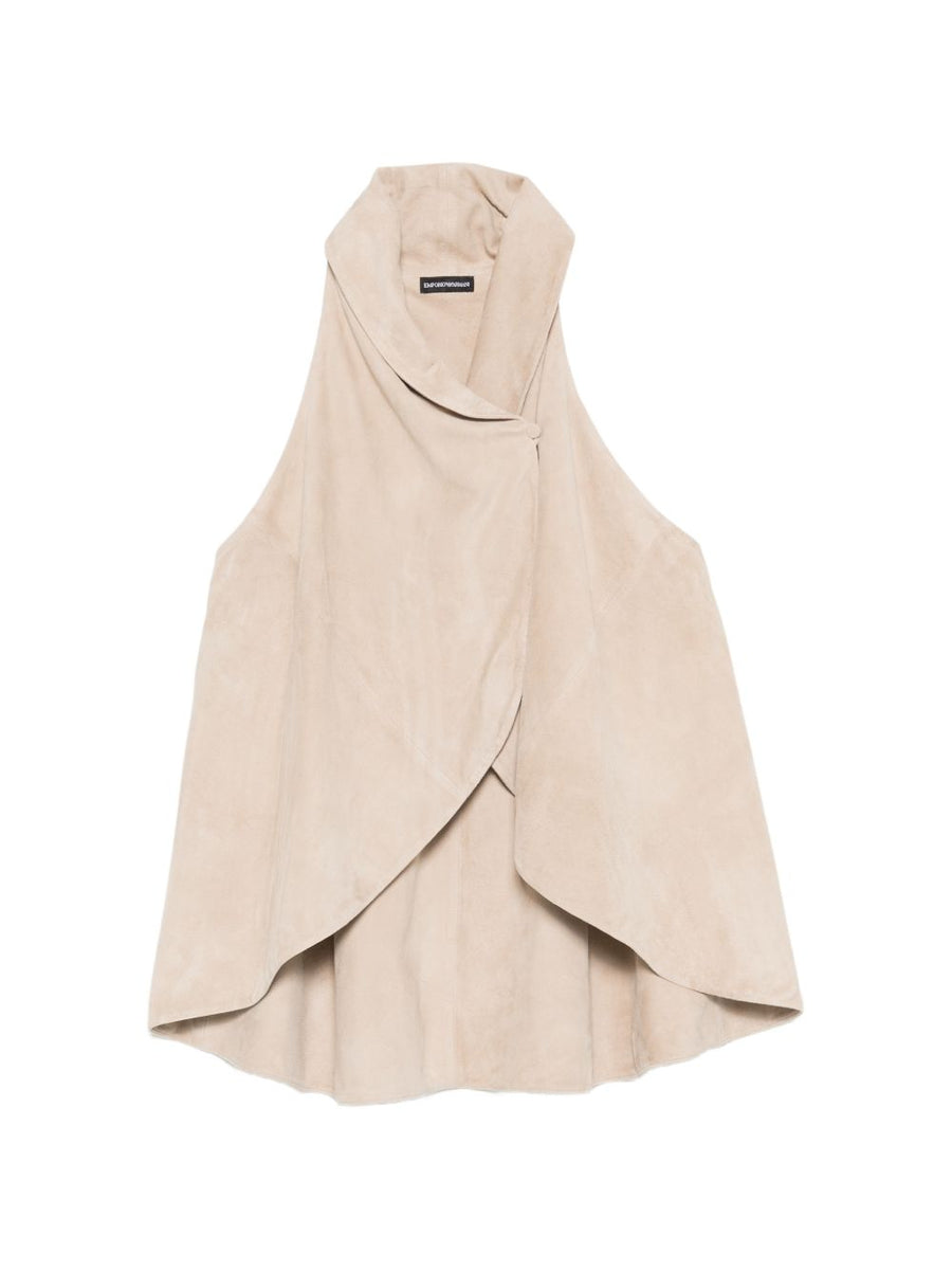 Emporio Armani Goat Leather Suede Sleeveless Top For Women Featuring Draped Silhouette And High Neck Racerback In Beige