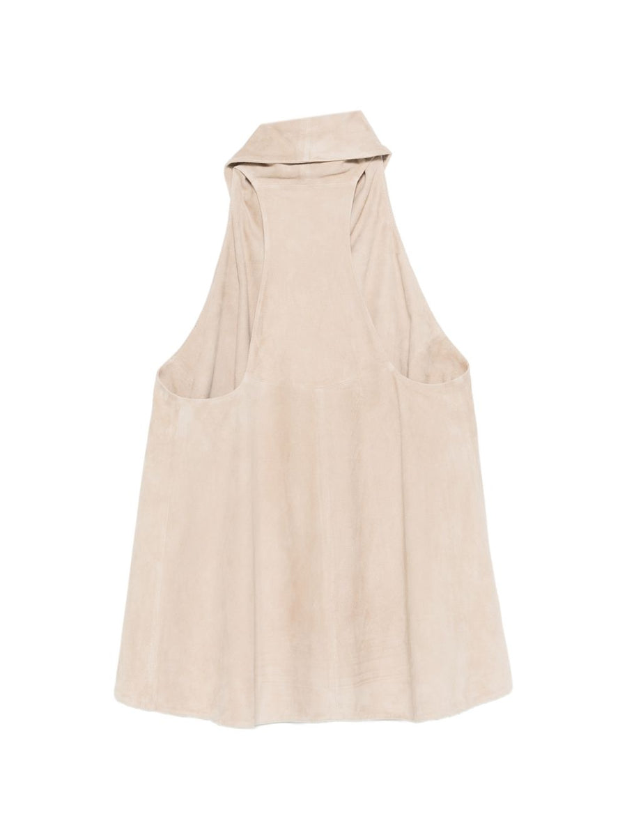 Emporio Armani Goat Leather Suede Sleeveless Top For Women Featuring Draped Silhouette And High Neck Racerback In Beige
