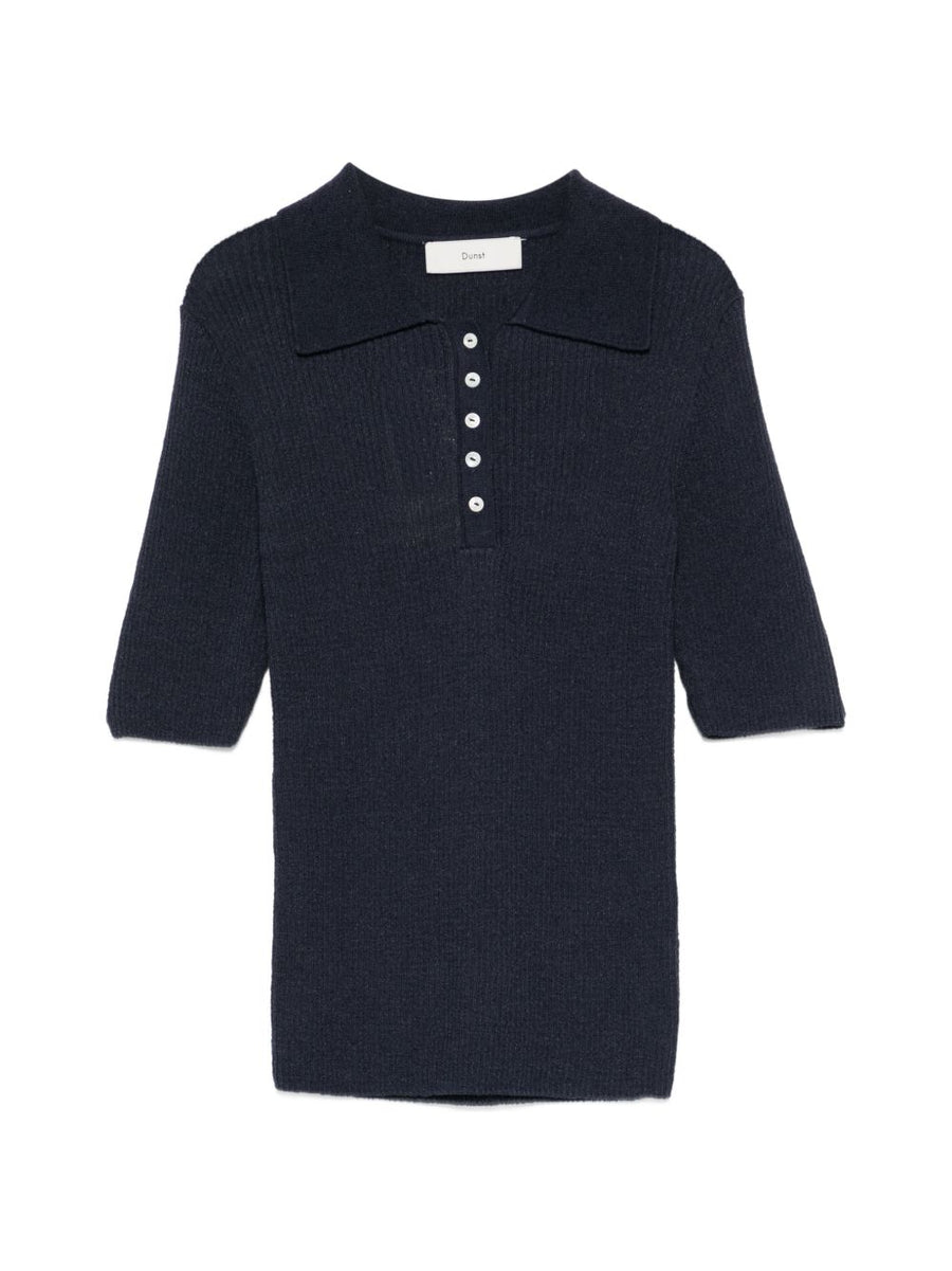 Dunst Navy Cotton Blend Polo Shirt For Women Slim Fit Silhouette Ribbed Collar Front Button Placket Smart Casual