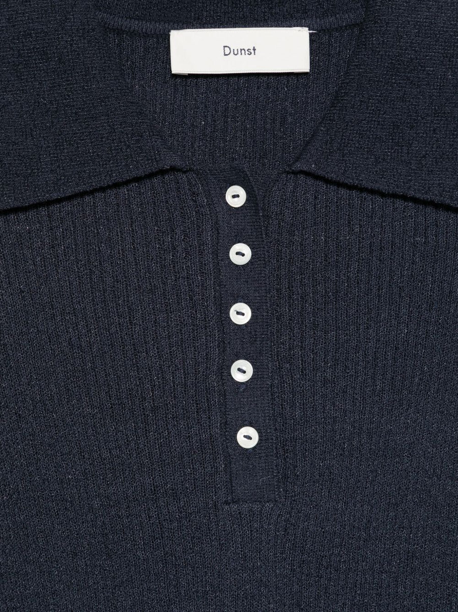 Dunst Navy Cotton Blend Polo Shirt For Women Slim Fit Silhouette Ribbed Collar Front Button Placket Smart Casual