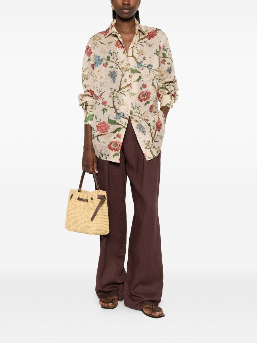 Into The East Ivory Printed Shirt For Women Front Button Silhouette Versatile Workwear