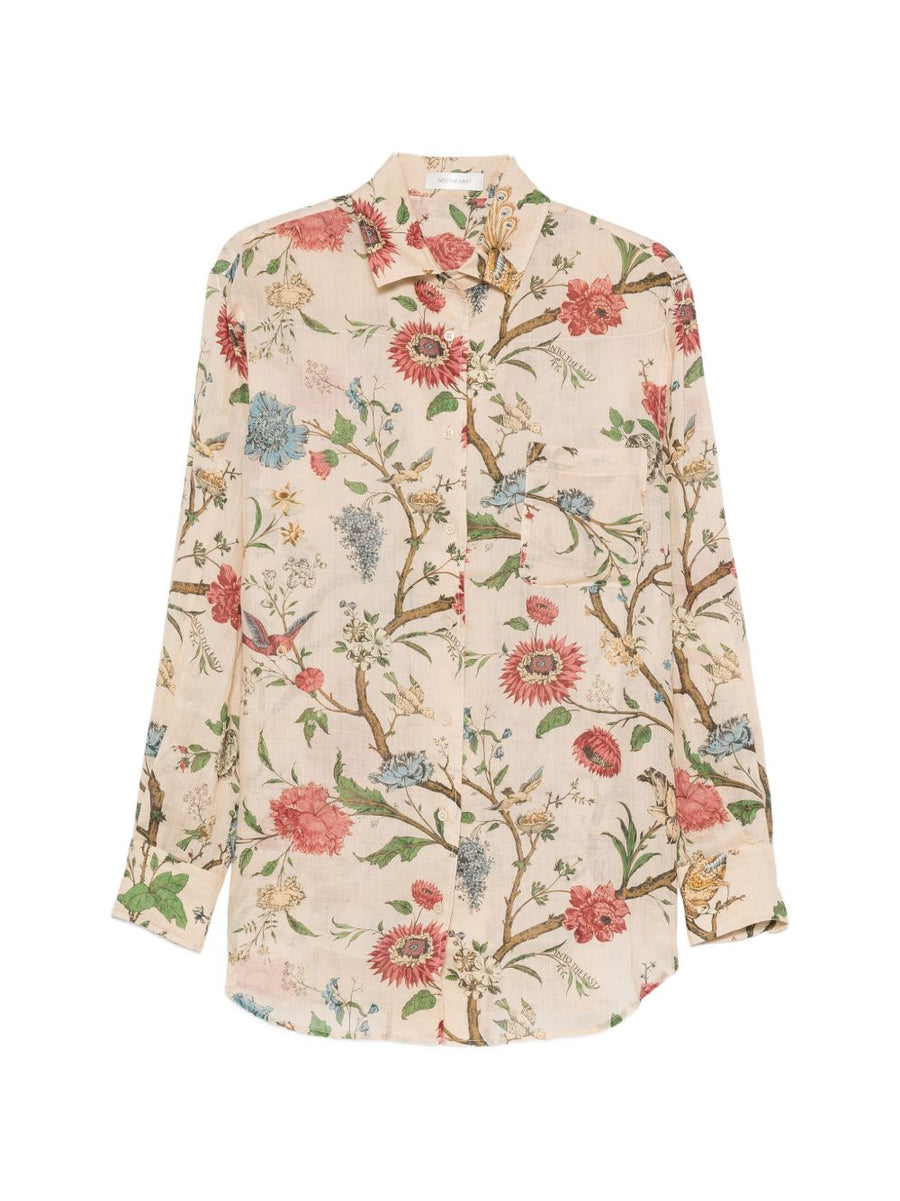 Into The East Ivory Printed Shirt For Women Front Button Silhouette Versatile Workwear
