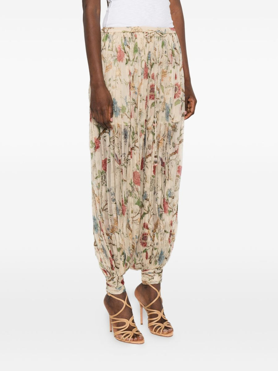 Into The East Printed Silk Trousers For Women Resort Chic With Pleated Texture Drawstring Waist