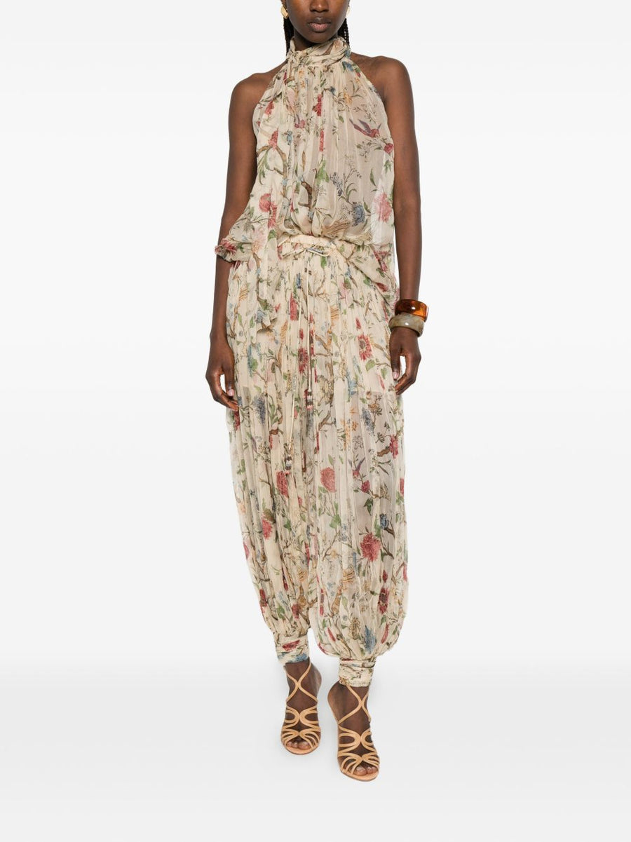 Into The East Printed Silk Trousers For Women Resort Chic With Pleated Texture Drawstring Waist