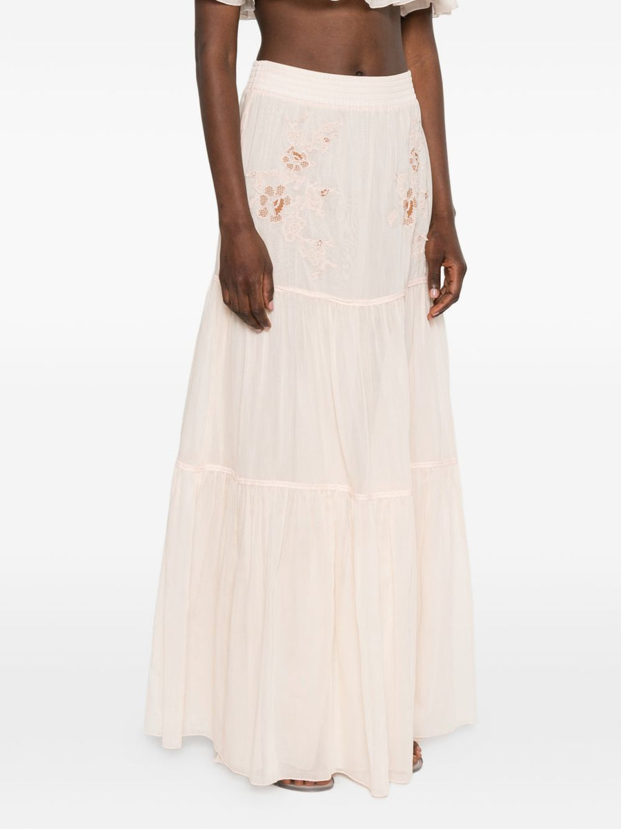 Ermanno Scervino Cotton Long Skirt Elegant Silk Blend Floral Embroidery Elastic Waistband Resort Wear for Women