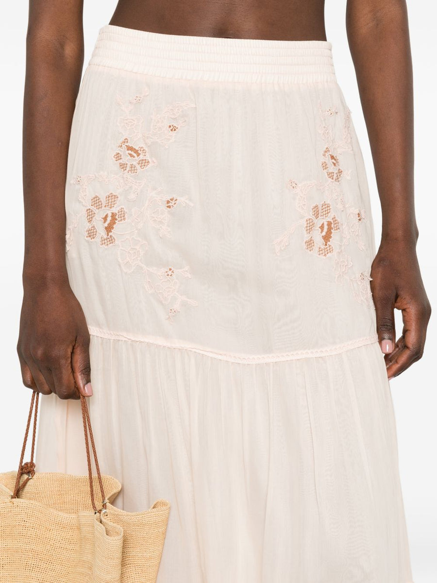 Ermanno Scervino Cotton Long Skirt Elegant Silk Blend Floral Embroidery Elastic Waistband Resort Wear for Women