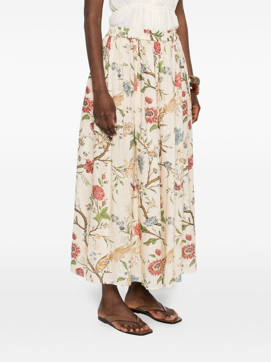Into The East Linen Silk Blend Trousers For Women Lightweight Resort Wear Elastic Waistband Floral Bird Print