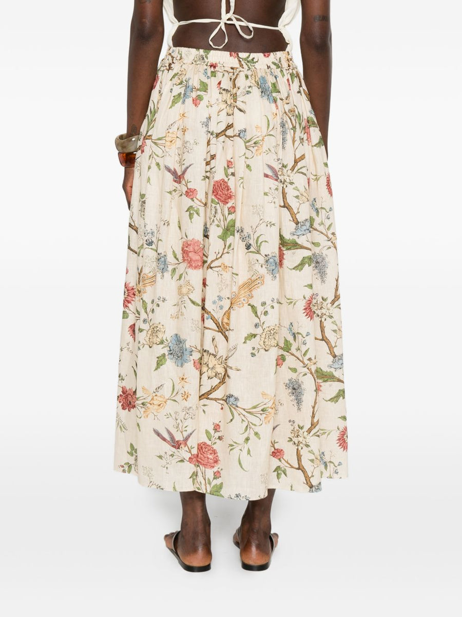 Into The East Linen Silk Blend Trousers For Women Lightweight Resort Wear Elastic Waistband Floral Bird Print