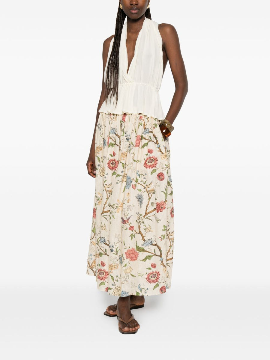 Into The East Linen Silk Blend Trousers For Women Lightweight Resort Wear Elastic Waistband Floral Bird Print