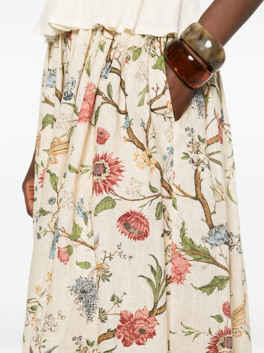 Into The East Linen Silk Blend Trousers For Women Lightweight Resort Wear Elastic Waistband Floral Bird Print