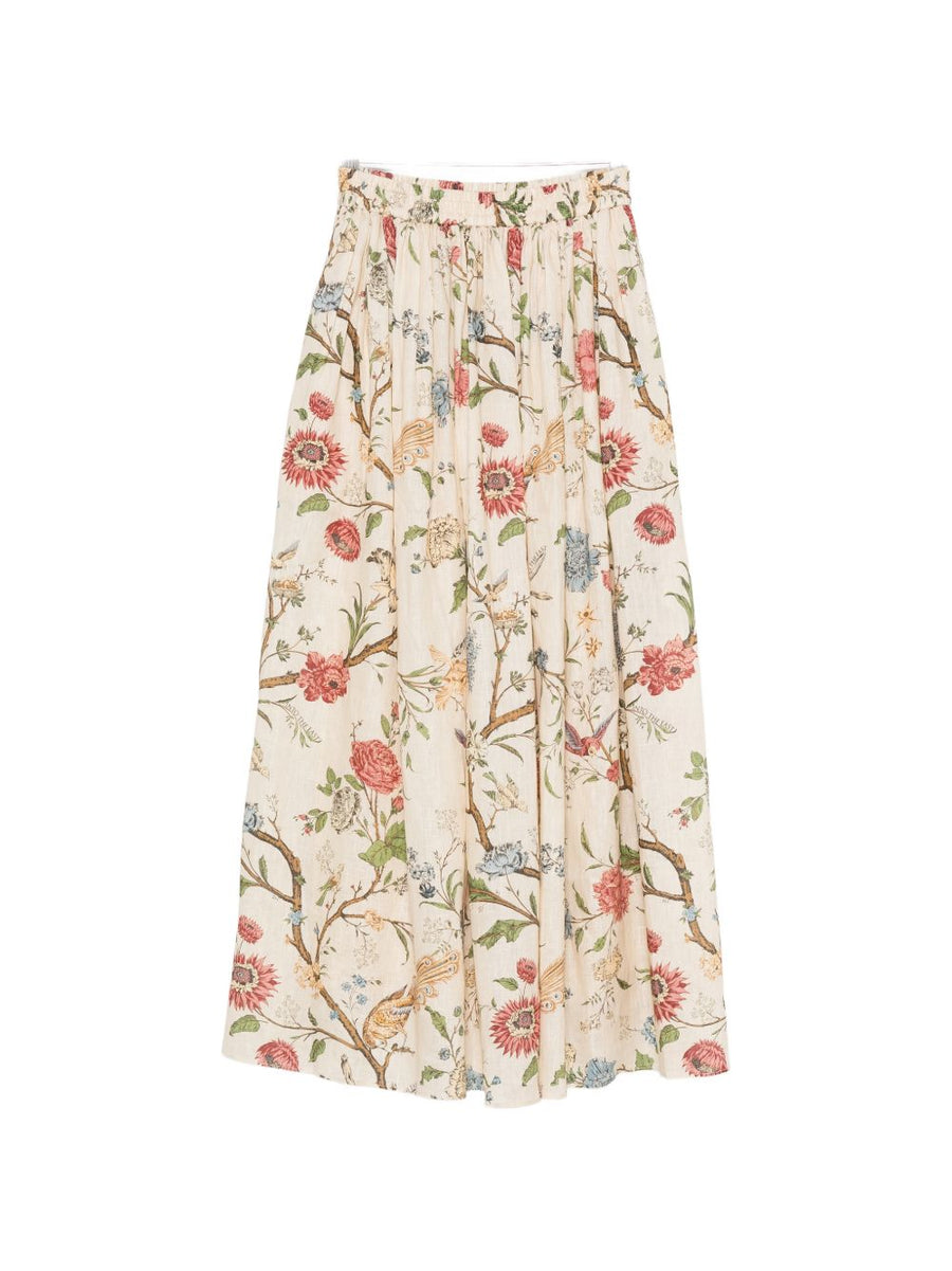 Into The East Linen Silk Blend Trousers For Women Lightweight Resort Wear Elastic Waistband Floral Bird Print