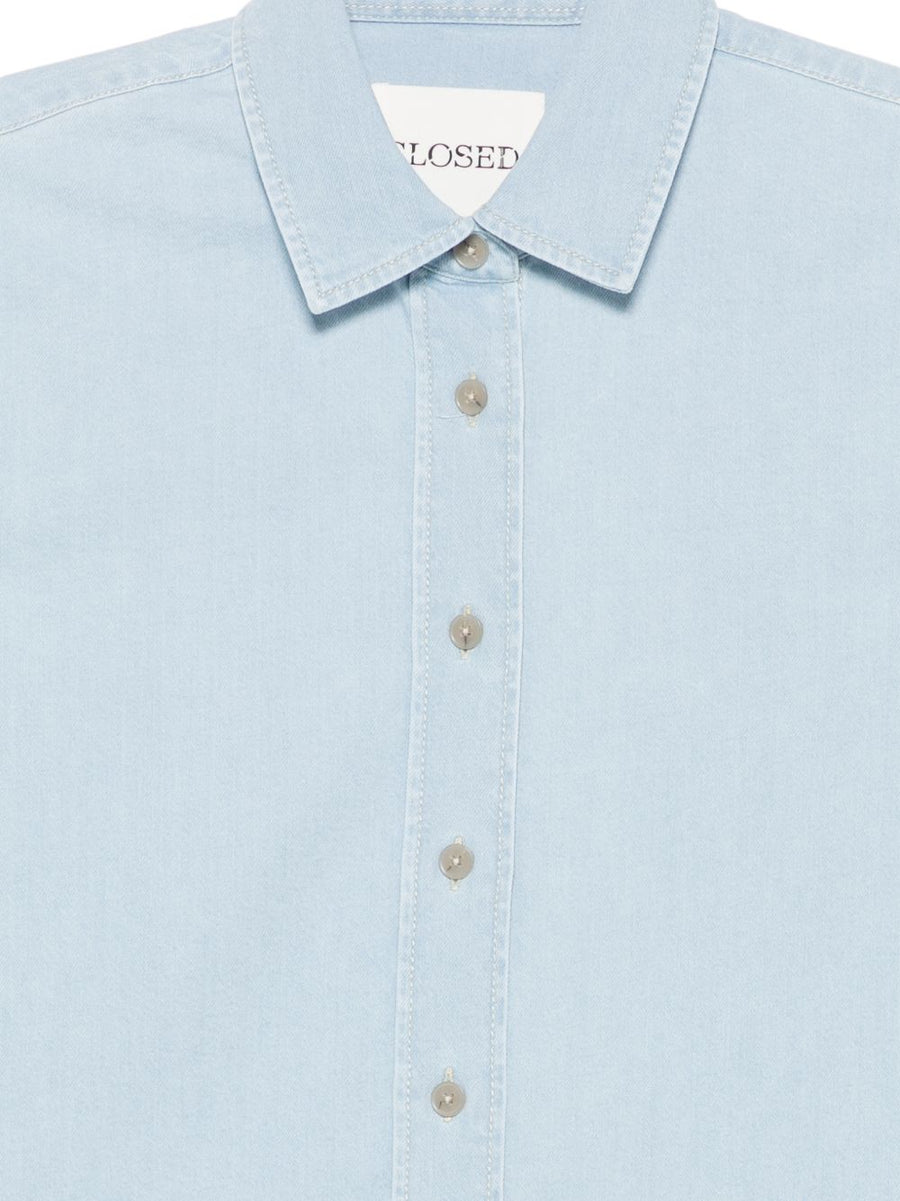Closed Cotton Shirt For Women, Light Blue Denim Texture, Classic Collar, Breathable, Versatile From Work To Weekend