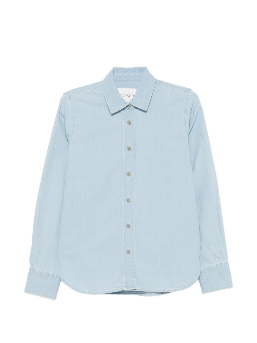 Closed Cotton Shirt For Women, Light Blue Denim Texture, Classic Collar, Breathable, Versatile From Work To Weekend
