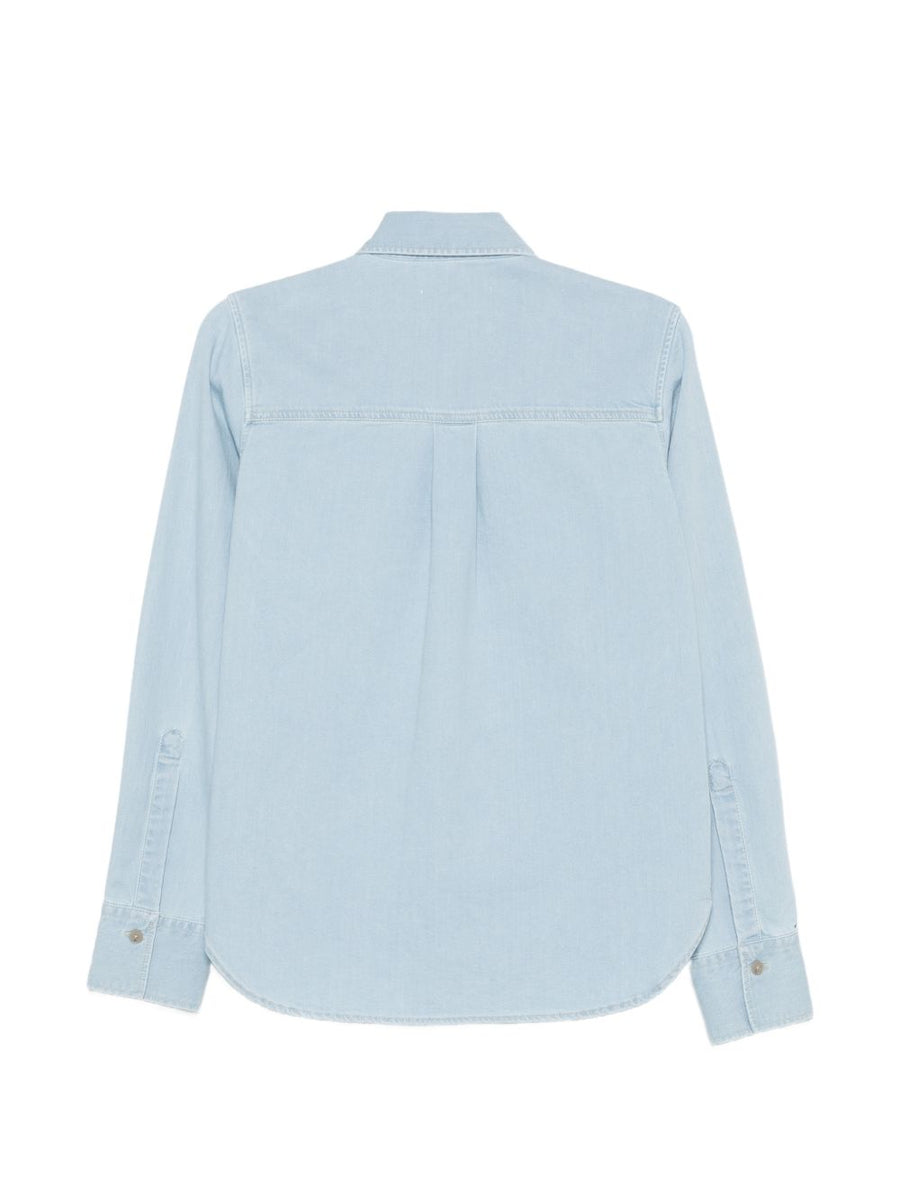 Closed Cotton Shirt For Women, Light Blue Denim Texture, Classic Collar, Breathable, Versatile From Work To Weekend