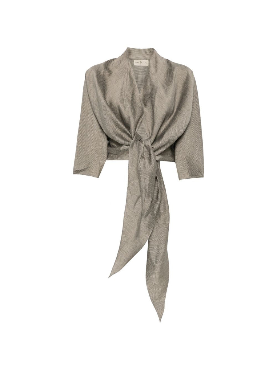 Cortana Aria Linen Jacket For Women Versatile Cropped Grey Stripe Linen Layer With V Neck And Tie Front