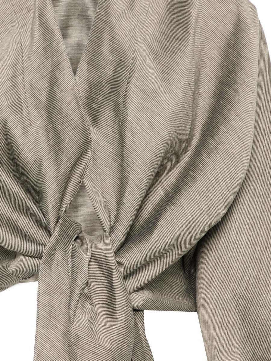 Cortana Aria Linen Jacket For Women Versatile Cropped Grey Stripe Linen Layer With V Neck And Tie Front