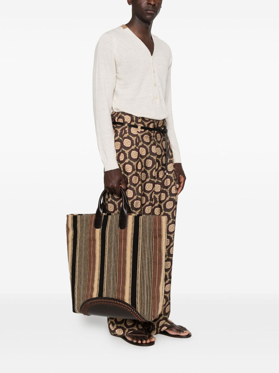 Emporio Armani Striped Tote Bag For Men With Leather Trim And Open Top Access For City Commute Everyday Luxury