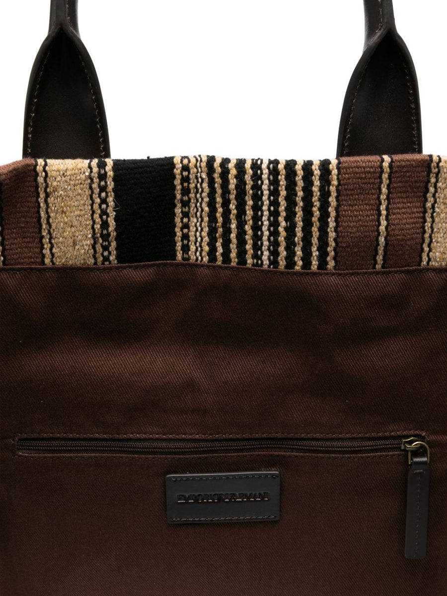 Emporio Armani Striped Tote Bag For Men With Leather Trim And Open Top Access For City Commute Everyday Luxury