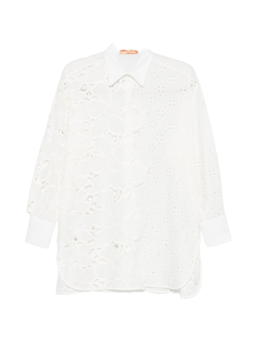 Ermanno Scervino Luxurious 100% Cotton Shirt With Floral Appliqué Broderie Anglaise For Women