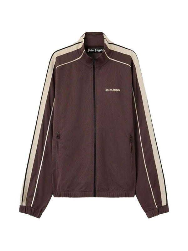 Palm Angels Logo Track Top For Men Premium Brown Chest Logo Front Zip Side Stripe Streetwear Essential