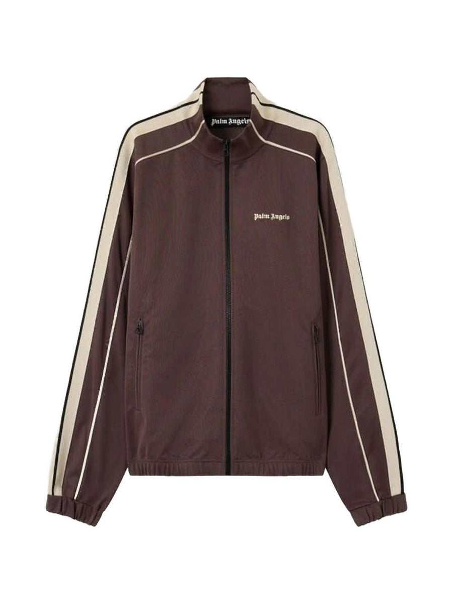 Palm Angels Logo Track Top For Men Premium Brown Chest Logo Front Zip Side Stripe Streetwear Essential