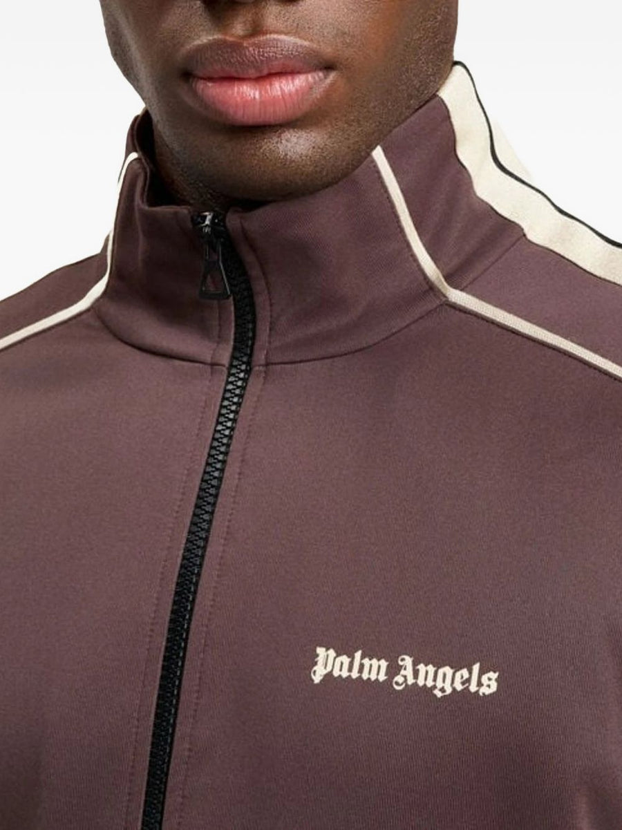 Palm Angels Logo Track Top For Men Premium Brown Chest Logo Front Zip Side Stripe Streetwear Essential