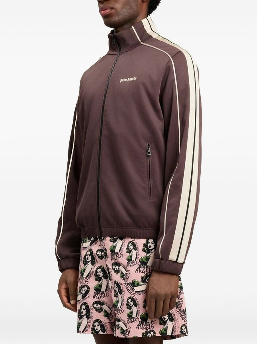 Palm Angels Logo Track Top For Men Premium Brown Chest Logo Front Zip Side Stripe Streetwear Essential