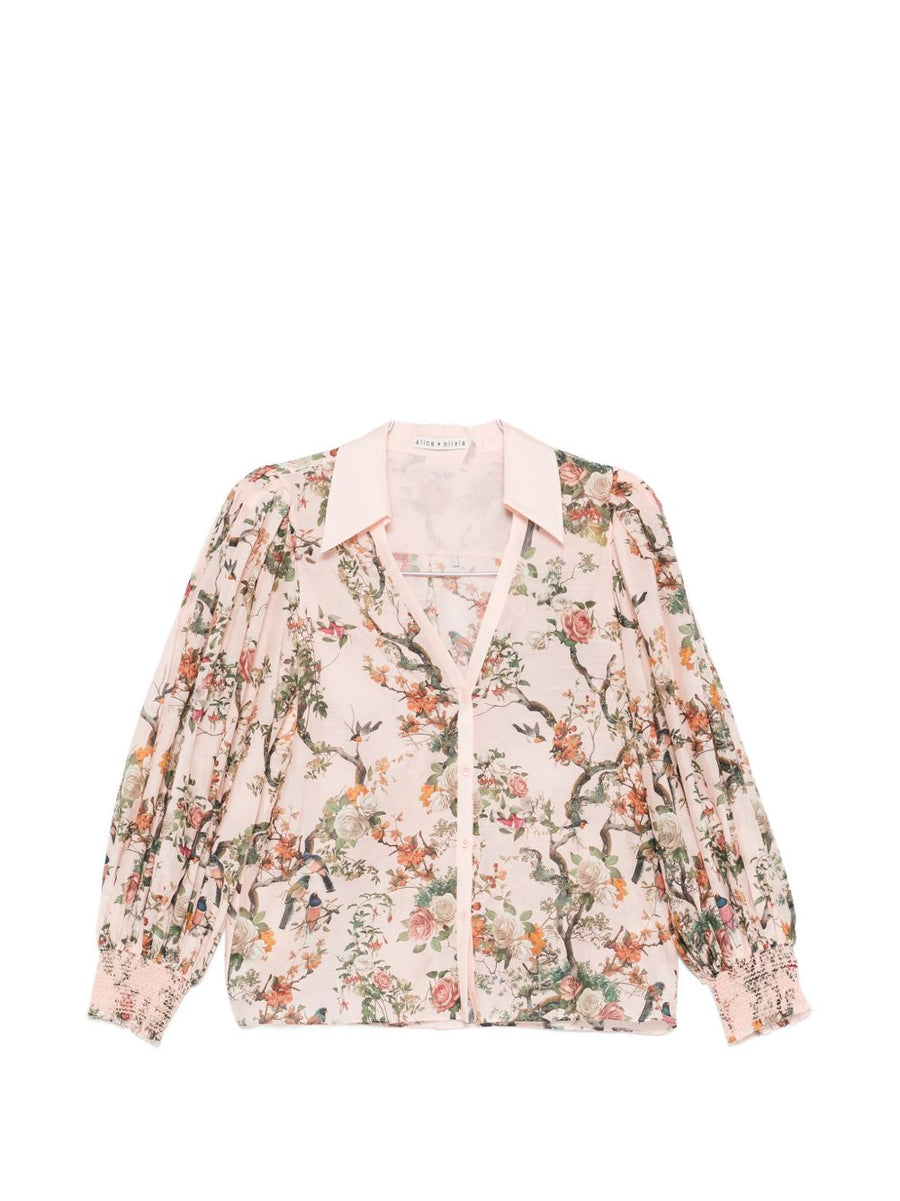Charis Printed Blouse By Alice And Olivia For Women Pink Front Button Puff Sleeves