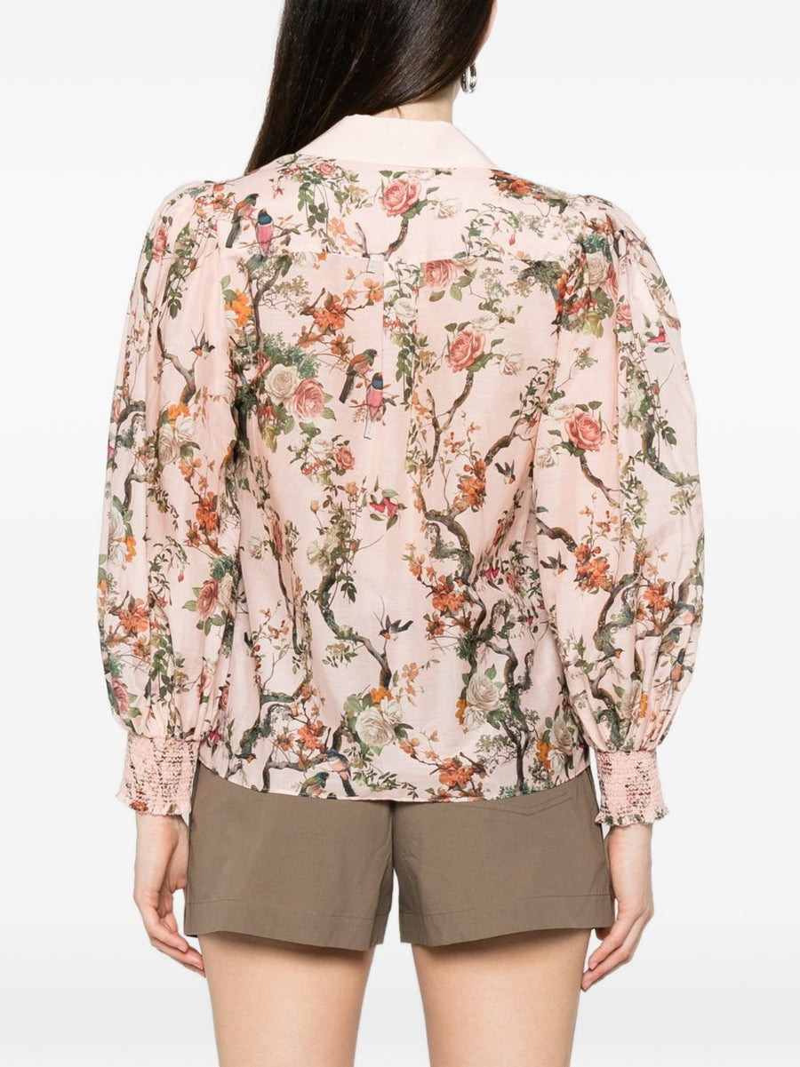 Charis Printed Blouse By Alice And Olivia For Women Pink Front Button Puff Sleeves