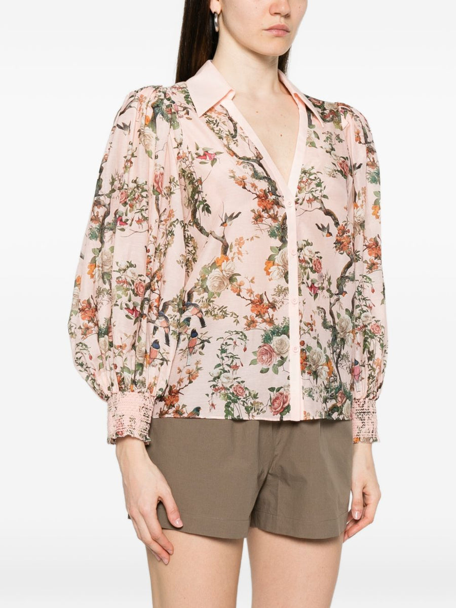 Charis Printed Blouse By Alice And Olivia For Women Pink Front Button Puff Sleeves