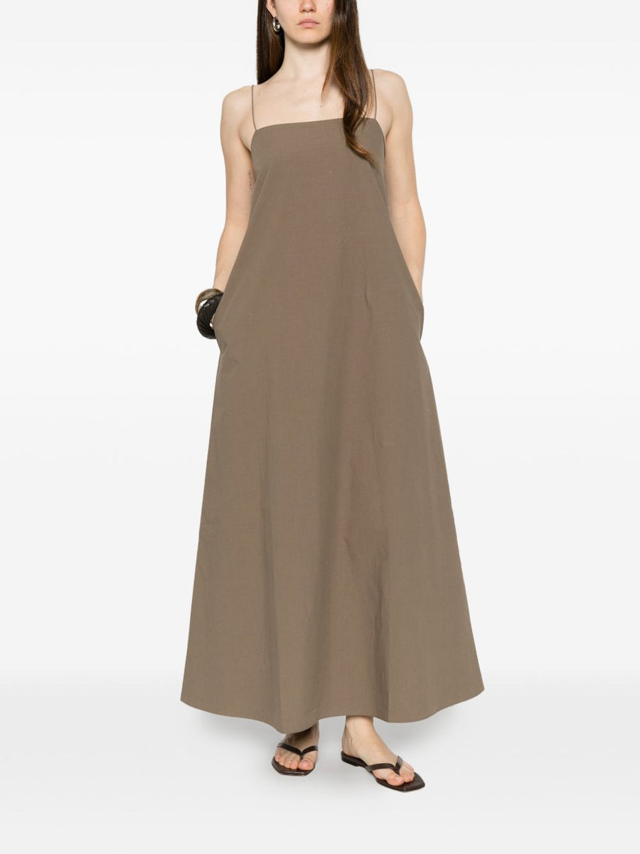 Matteau Brown Cotton Long Dress For Women With Square Neckline And Spaghetti Straps Breathable Summer Essential