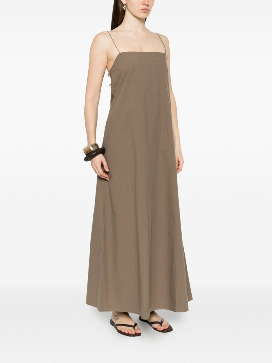 Matteau Brown Cotton Long Dress For Women With Square Neckline And Spaghetti Straps Breathable Summer Essential