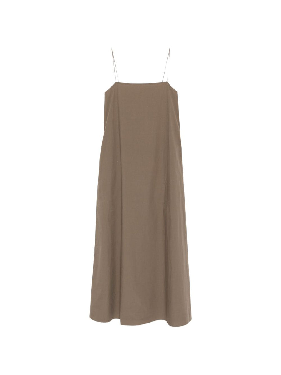 Matteau Brown Cotton Long Dress For Women With Square Neckline And Spaghetti Straps Breathable Summer Essential