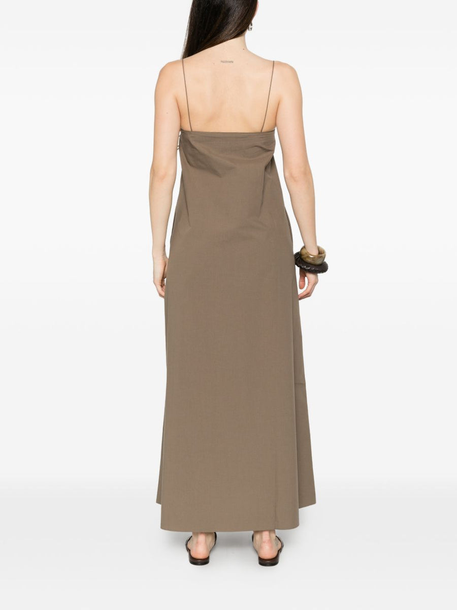 Matteau Brown Cotton Long Dress For Women With Square Neckline And Spaghetti Straps Breathable Summer Essential