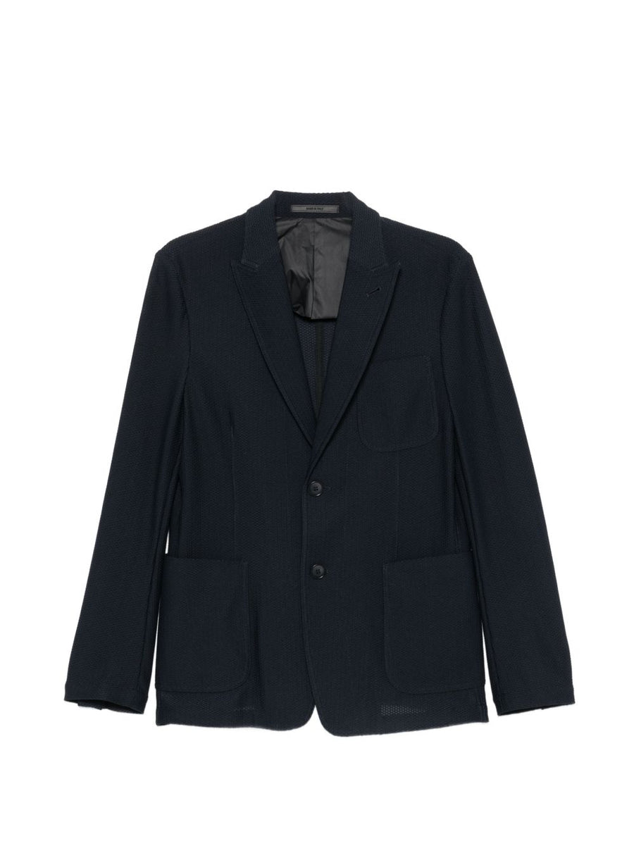 Giorgio Armani Icon Single-Breasted Navy Blazer Jacket For Men Honeycomb Knit Refined Silhouette