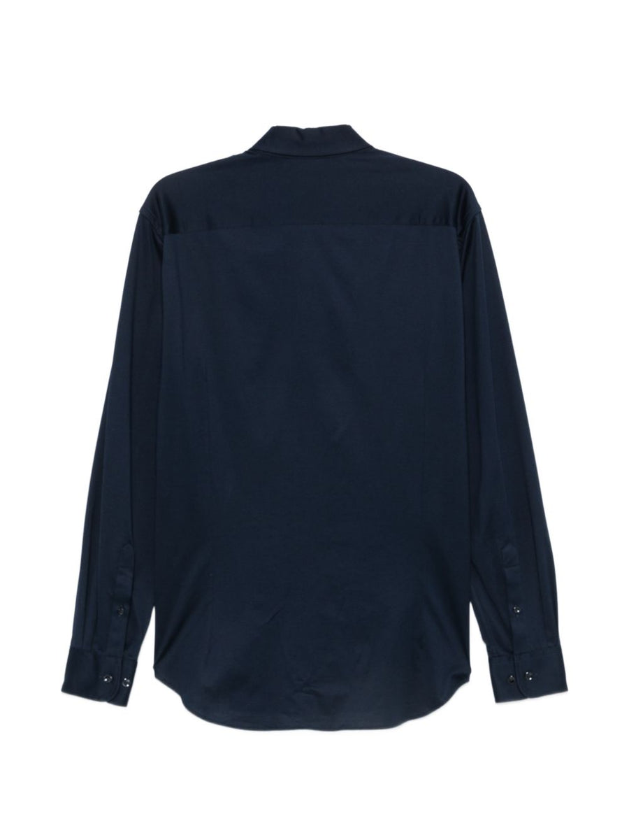 Mens Giorgio Armani Slim Fit Navy Cotton Shirt with Icon Line Collar Essential Business Casual