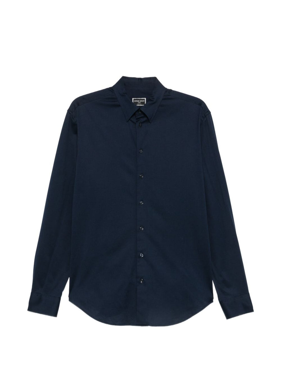 Mens Giorgio Armani Slim Fit Navy Cotton Shirt with Icon Line Collar Essential Business Casual