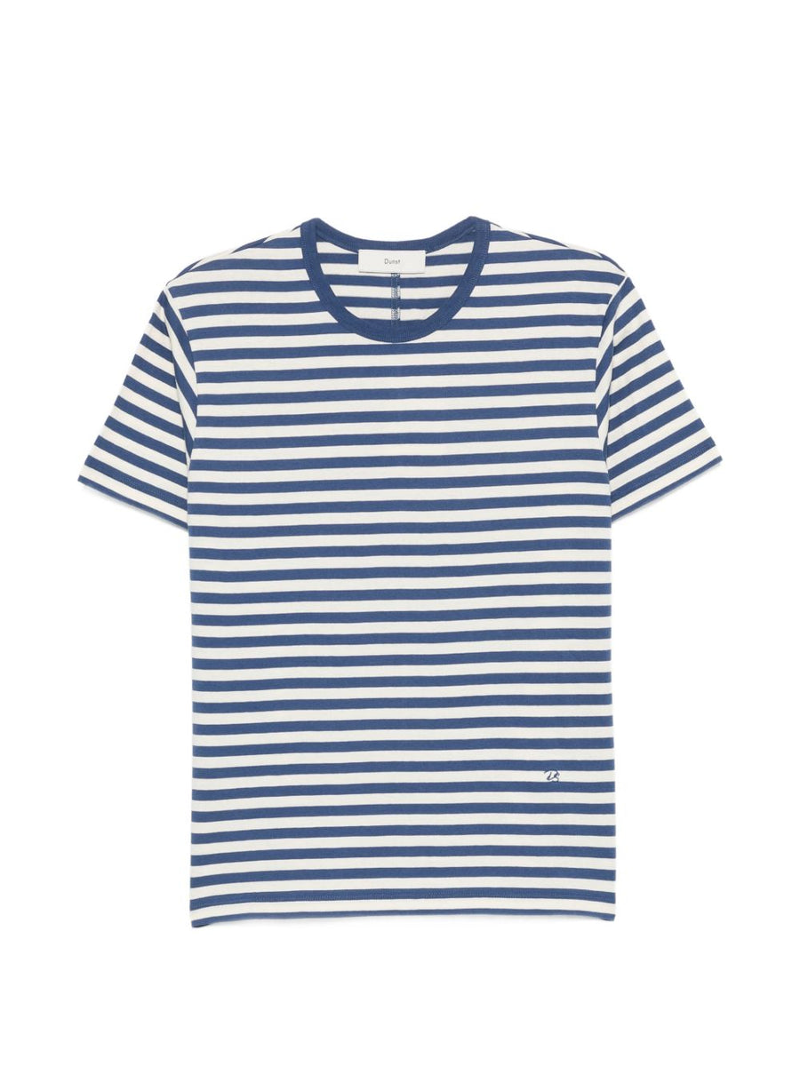 Dunst Striped Cotton T Shirt For Women Navy Crew Neck With Front Embroidery Effortless Everyday Style