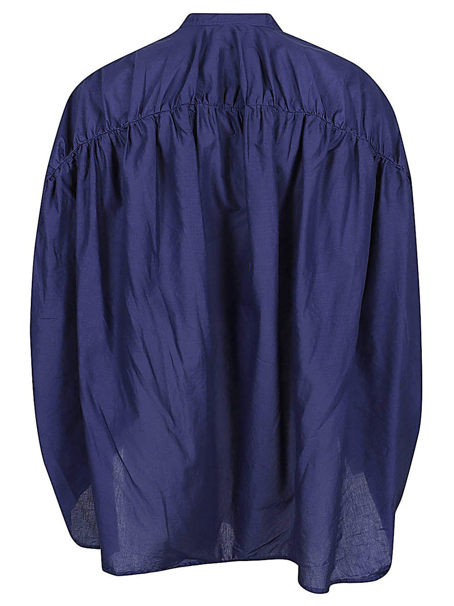 MIZUIRO Navy Shirt for Women With Stand Collar and Back Gathers Elegant Cotton Blouse