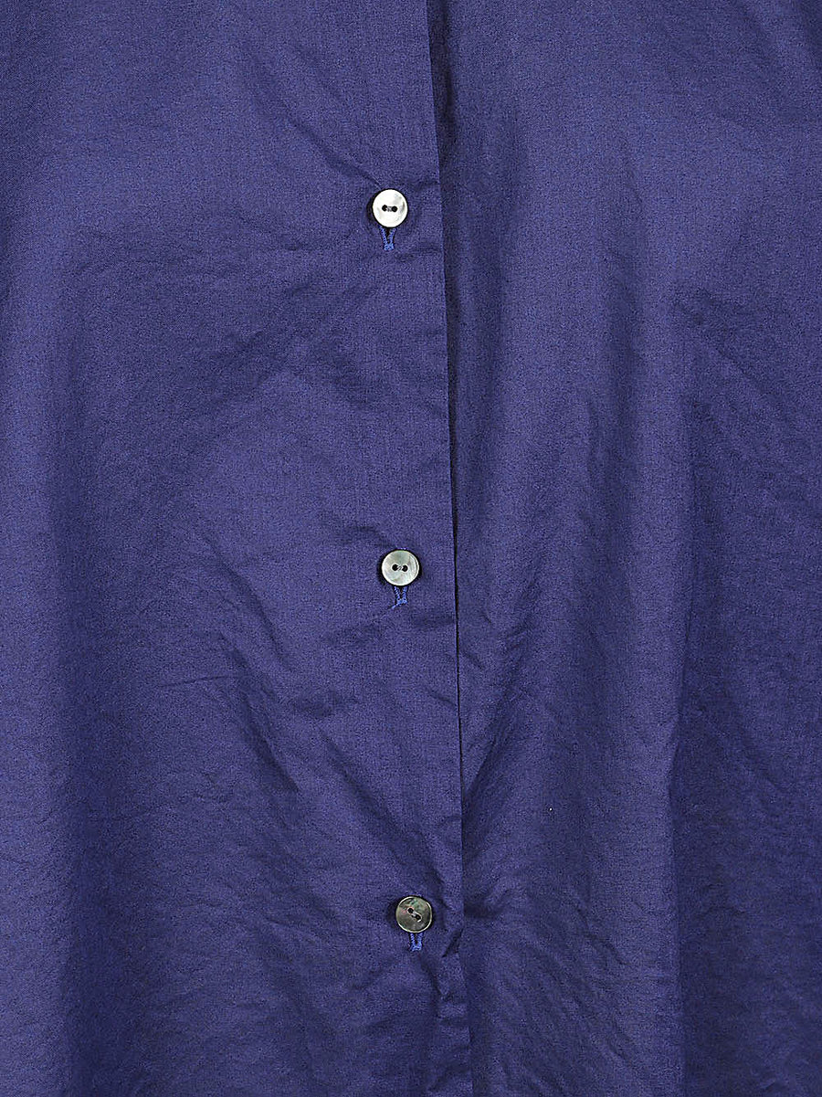 MIZUIRO Navy Shirt for Women With Stand Collar and Back Gathers Elegant Cotton Blouse